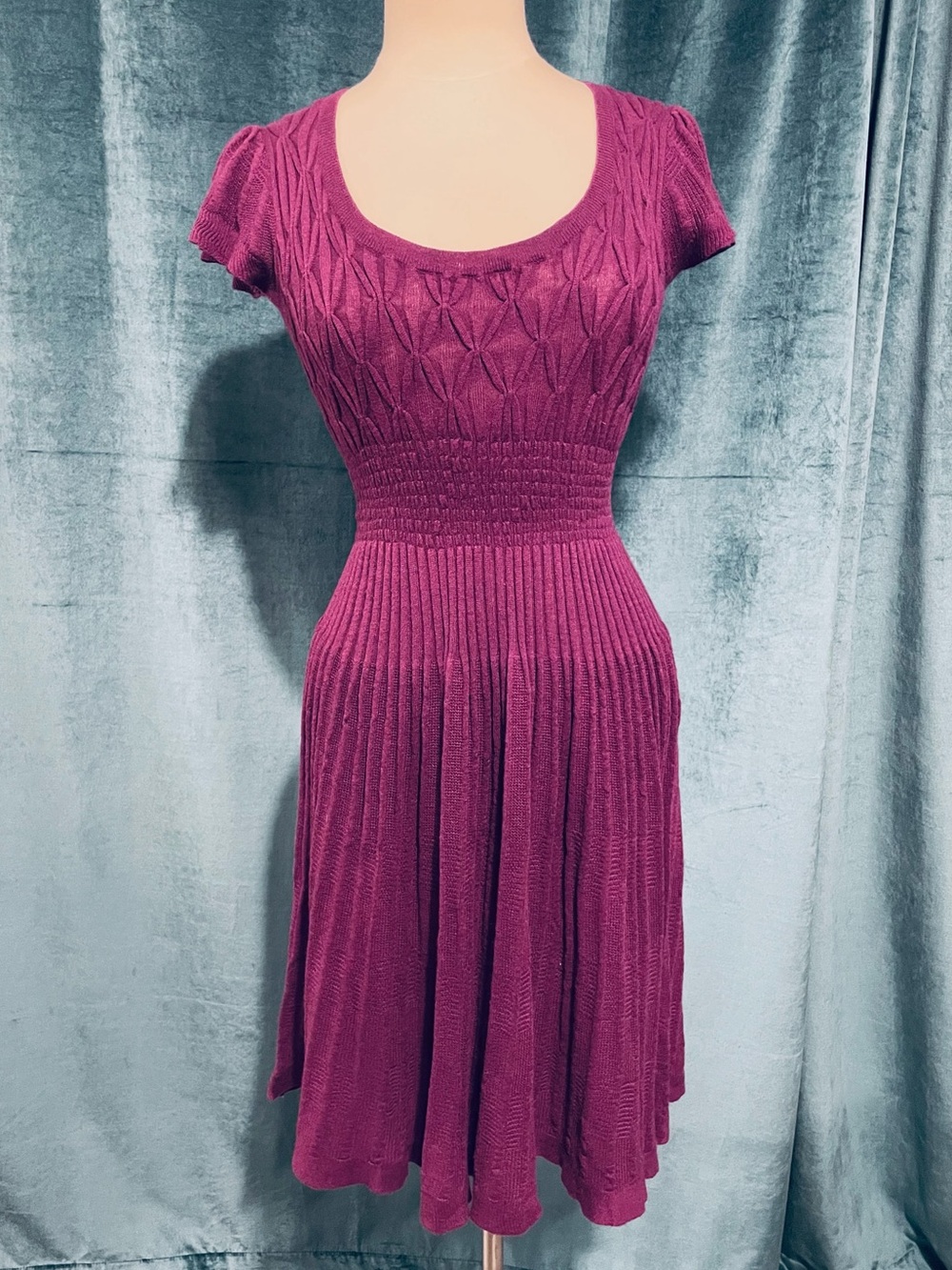 Sparrow Short Sleeve Fit-and-Flare Knit Dress in Plum